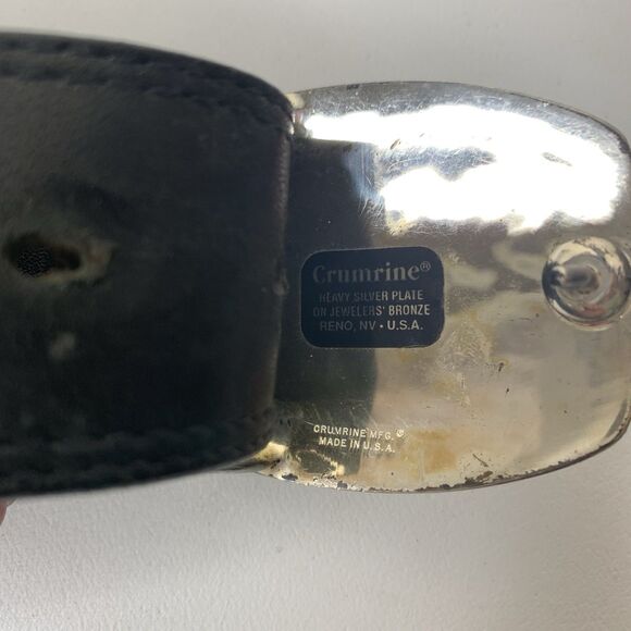 CRUMRINE Western Etched Design Heavy Silver Plated Belt Buckle Black Cowhide - Picture 6 of 6